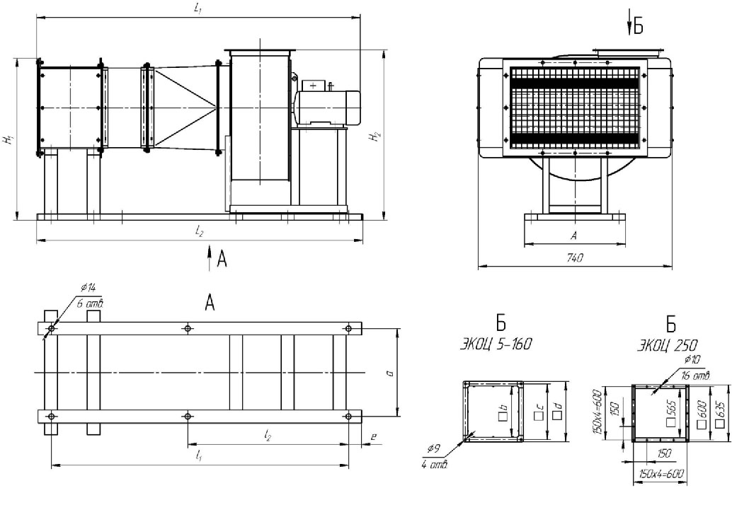 Габаритные и присоединительные размеры электрокалориферной установки ЭКОЦ-40